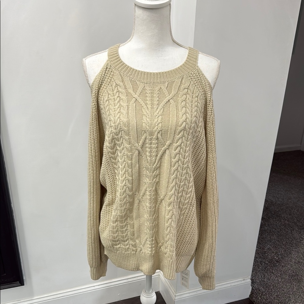 NWT Cupshe Cream Cold Shoulder Sweater with Cable Knit Design